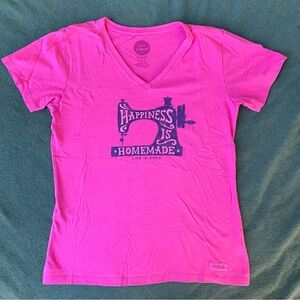 Pink “Happiness is Homemade” Sewing Machine V-Neck Crusher Tee Life Is Good